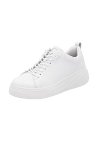 White sneaker with a smooth leather exterior, round toe, lace-up front, and a textured sole; features a slightly elevated heel and a back loop tab.