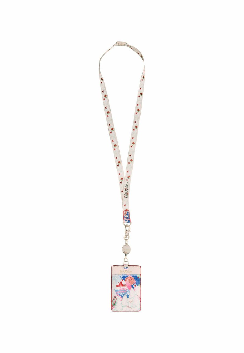 Ziedu raksta lanyards jostā baltā krāsā, ar noņemamu caurspīdīgu ID turētāju ar krāsainu dizainu un sudraba detaļām.