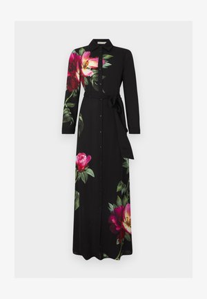 Rochie maxi neagră cu mâneci lungi, nasturi în față, talie cu cordon și imprimeu floral mare, roz aprins și roșu pe umăr, fustă și mânecă.