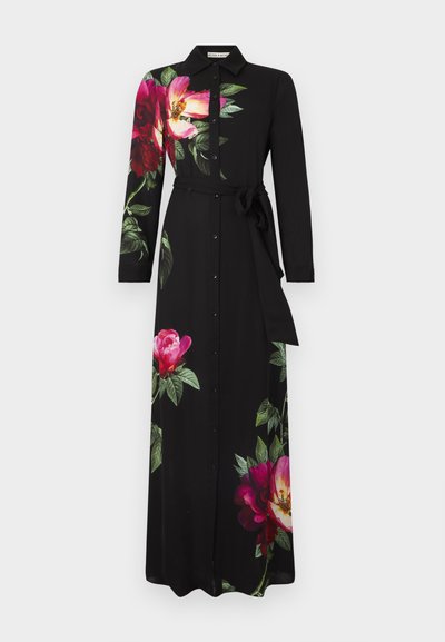 Vestido largo negro de manga larga con botones delanteros, cinturón de anudar y grandes estampados florales en rosa brillante y rojo en el hombro, la falda y la manga.