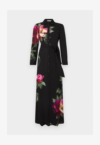 Vestido largo negro de manga larga con botones delanteros, cinturón de anudar y grandes estampados florales en rosa brillante y rojo en el hombro, la falda y la manga.