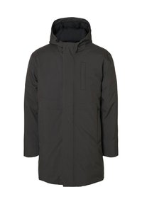 Parka nera isolata con cappuccio, zip frontale e tasca sul petto. Presenta una finitura liscia opaca e maniche lunghe.