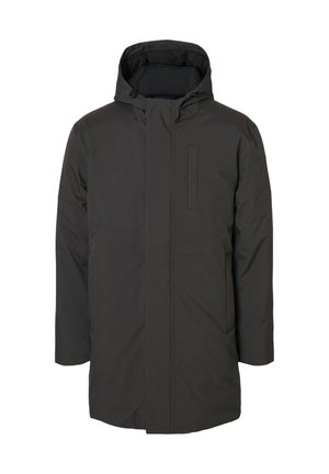 Black insulated parka jacket with a hood, front zipper closure, and a chest pocket. Features a smooth, matte finish and long sleeves.