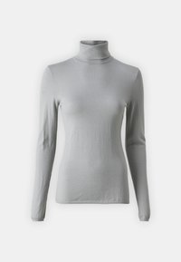 Chandail col roulé gris clair à manches longues. Fabriqué à partir d'un tissu doux et texturé. Présente un design ajusté et des détails de couture minimaux.