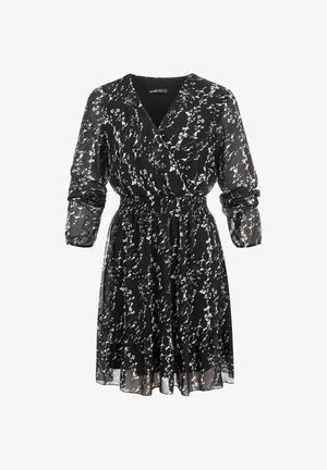 Vestido negro hasta la rodilla con estampado floral blanco, escote en V, mangas largas de tela transparente, cintura elástica y falda fluida con dobladillo con volantes.