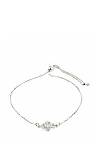 Zilveren armband met ketting en een gestructureerd oppervlak, voorzien van een centraal kruisontwerp en een verstelbare sluiting met twee kleine kralen.