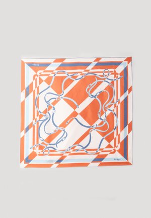Seidenschal mit einem orange-weißen geometrischen Muster und blauen Akzenten. Das Design umfasst miteinander verwobene blaue Riemen und Hardware-Details.