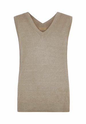 Beige ärmellose, gestrickte V-Ausschnitt-Weste mit Rippstrick-Besatz an Ausschnitt und Saum.