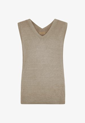 Beige sleeveless V-neck knitted sweater vest with ribbed trim at neckline and hem.