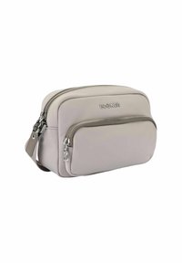 Borsa a tracolla in pelle beige con due scomparti con zip, hardware argentato e texture liscia. Presenta una tracolla regolabile.
