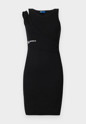 Robe noire ajustée en tissu côtelé. Présente un design à une épaule avec un décolleté asymétrique et le logo "Karl Lagerfeld" en blanc.