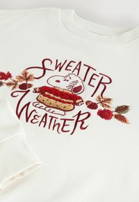 Biała bluza z wyszywanym w czerwonym i brązowym kolorze napisem "Sweater Weather", z rysunkowym psem w paskowanej bluzie i liśćmi jesieni.