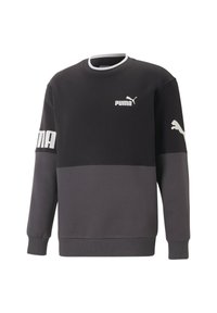 Czarna i szara bluza z długimi rękawami, z białym dekoltem, logo Puma na piersi oraz dużym białym napisem "PUMA" na jednym rękawie.