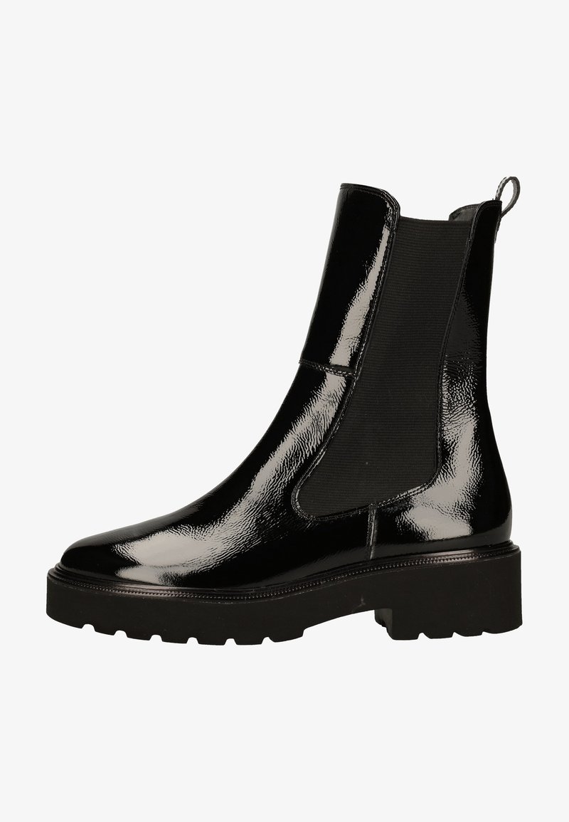 Botte Chelsea noire brillante avec panneaux latéraux élastiques, languette à l'arrière et semelle crantée épaisse.