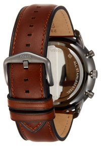 Montre chronographe avec un bracelet en cuir marron et un boîtier en acier inoxydable gris. Cadran clair, forme ronde et fermeture à boucle.