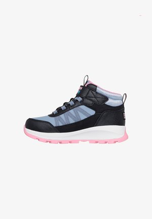Black and blue high-top sneaker with pink sole, padded collar, pull tabs, and lace-up closure suitable for casual or outdoor wear.