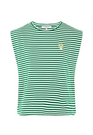 Grøn og hvid, vandret stribet ærmeløs top med rund halsudskæring og lille gul hummertryk på venstre bryst.