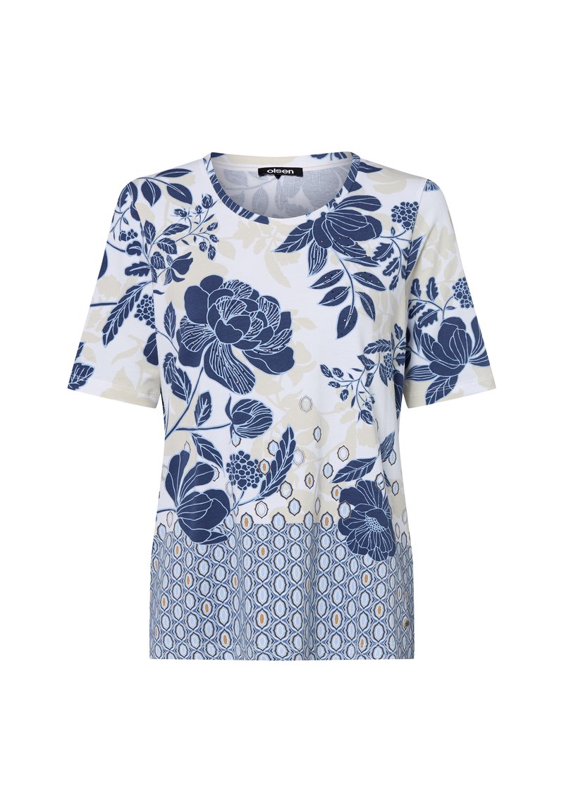 Kurzärmliges blumiges T-Shirt in Weiß mit marineblauen und hellblauen Designs. Verfügt über einen runden Halsausschnitt und geschichtete Musterdetails.