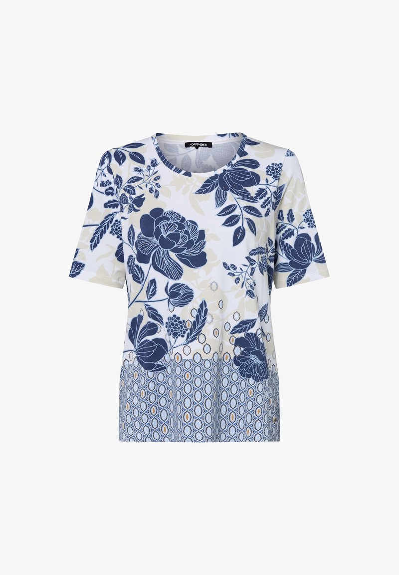 Short-sleeve floral t-shirt in white with navy and light blue designs. Features a round neckline and layered pattern details.