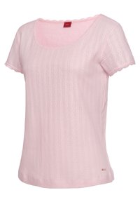 Light pink short-sleeve t-shirt featuring a scalloped neckline, textured ribbed pattern, and a small logo accent at the hem.