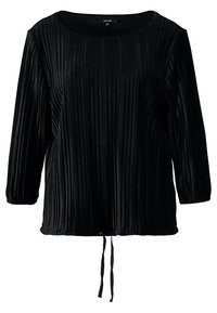 Schwarzes Samtoberteil mit vertikalen Falten, rundem Ausschnitt, dreiviertellangen Ärmeln und Kordelzug am Saum für eine verstellbare Passform.