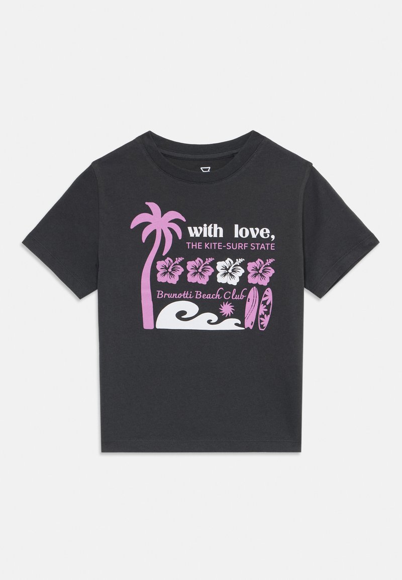 T-shirt nera in cotone con un design tropicale rosa che presenta palme, fiori di hibiscus e tavole da surf. Tessuto morbido, stile collo rotondo.
