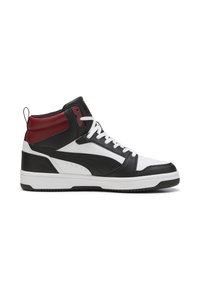 Hoge sneakers met een mix van zwart, wit en rood leer. Voorzien van witte veters, textuurpanelen en een stevige rubberen zool.