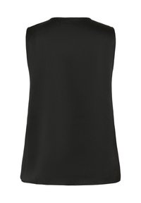 Černý bezramenný top s hladkou texturou, kulatým výstřihem a mírně volným střihem. Zadní část má jednoduchý design bez ozdob.