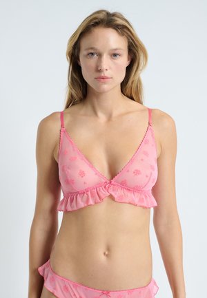 Bralette in pizzo rosa con design triangolare, orlo arricciato, ricamo floreale e spalline regolabili. Adatto per abbigliamento casual o da casa.