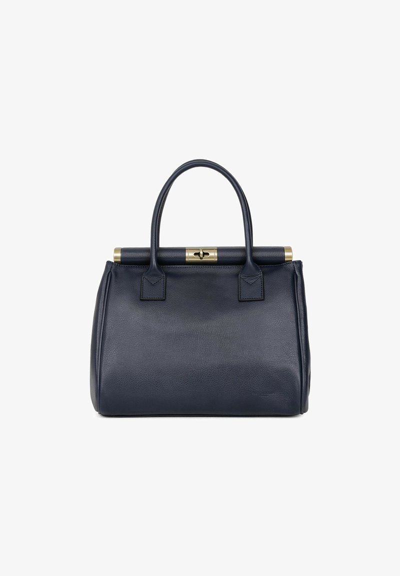 Granatowa skórzana torebka o wypukłym kształcie, z podwójnymi uchwytami u góry i złotymi detalami. Posiada zapięcie na klamrę oraz teksturowane wykończenie.