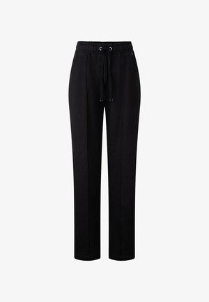 Sorte sweatpants har en elastisk talje med snor, sidelommer, lige ben og en glat overflade.