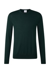 Ciemnozielony sweter z długim rękawem i okrągłym dekoltem. Miękka tekstura, ściągacze przy mankietach i u dołu, z małą metką marki na szyi.