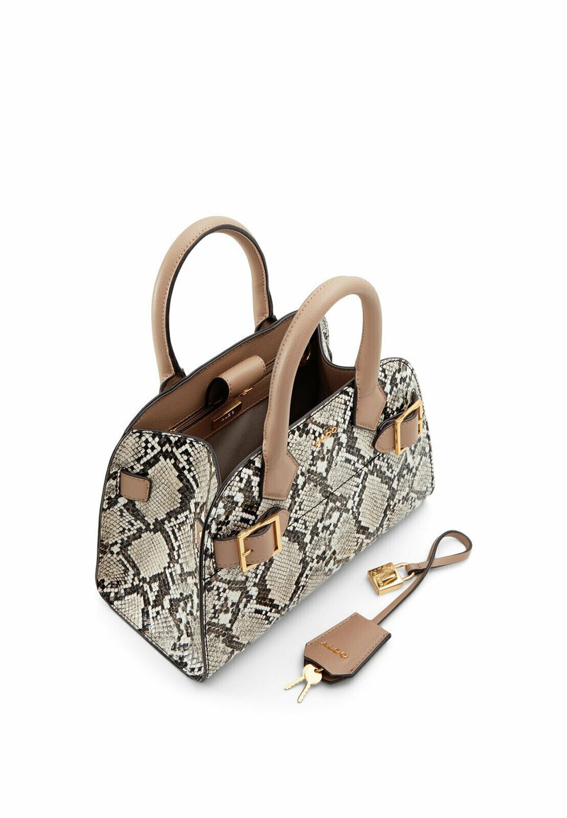 Sac à main avec un imprimé serpent dans des tons de beige et de marron, doté de poignées en cuir lisse couleur tan et d'accents en laiton doré.