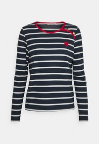 Marineblå och vit randig långärmad skjorta med röd krage, litet rött hjärta och två guldknappar på axeln.