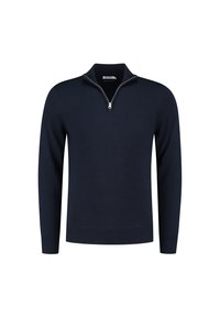Marineblauwe pullover trui van zachte stof, met een halve rits kraag, lange mouwen en geribbelde manchetten en zoom voor een strakke look.