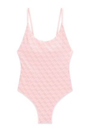 Lichtroze badpak met dunne schouderbandjes en een subtiel all-over diamantpatroon met decoratieve motieven.