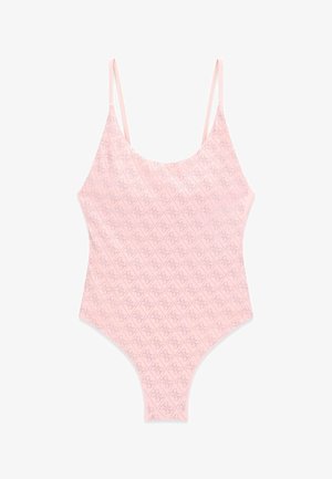 Lichtroze badpak met dunne schouderbandjes en een subtiel all-over diamantpatroon met decoratieve motieven.