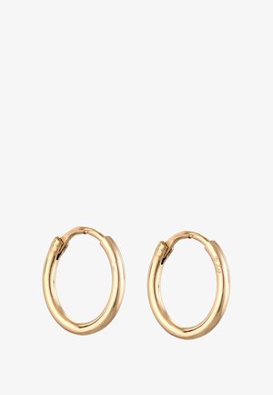 Goldene Creolen mit einer glatten, polierten Oberfläche und runder Form. Verfügt über einen sicheren Verschluss. Schlichtes und minimalistisches Design.