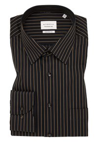 Camicia a righe blu navy con strisce verticali marroni, chiusura a bottoni frontale e una tasca sul maniche sinistro. Design comfort fit.
