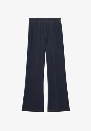Denim bukser med vidde i mørkeblå med kontrasterende gul syning, med en høj talje og et subtilt lodret sømdetalje.