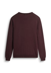 Suéter burdeos de manga larga, cuello redondo y textura suave. Presenta puños y dobladillo acanalados, con un diseño minimalista sin adornos.
