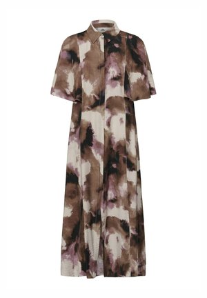 Dlhé košeľové šaty s krátkymi rukávmi, golierom, skrytými prednými gombíkmi a abstraktným hnedo-čierno-bielym vzorom tie-dye.