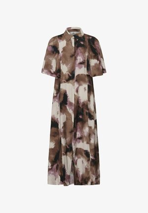 Vestito camicia lungo con maniche corte, collo, bottoni frontali nascosti e motivo tie-dye astratto marrone, nero e bianco.
