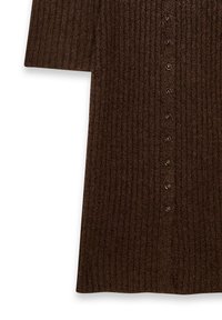 Brown ribbed dress with short sleeves, featuring seven front buttons and a straight cut. The texture is soft and slightly textured.