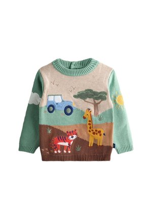 Sweter dziecięcy z zielonymi rękawami i kołnierzem, z niebieskim jeepem, drzewem, słońcem, tygrysem i żyrafą na tle o tematyce przyrodniczej.