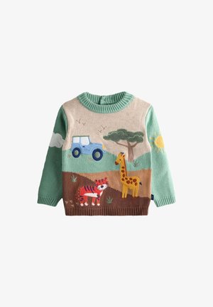 Maglione per bambini con maniche e collo verdi, con una jeep blu, un albero, il sole, una tigre e una giraffa su uno sfondo a tema natura.