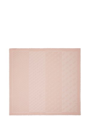 Light pink rectangular scarf with subtle vertical stripes featuring delicate, repeating monogram patterns and slightly frayed edges.