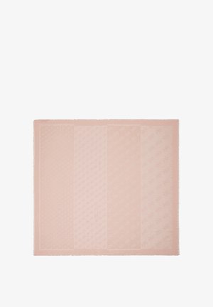 Light pink rectangular scarf with subtle vertical stripes featuring delicate, repeating monogram patterns and slightly frayed edges.