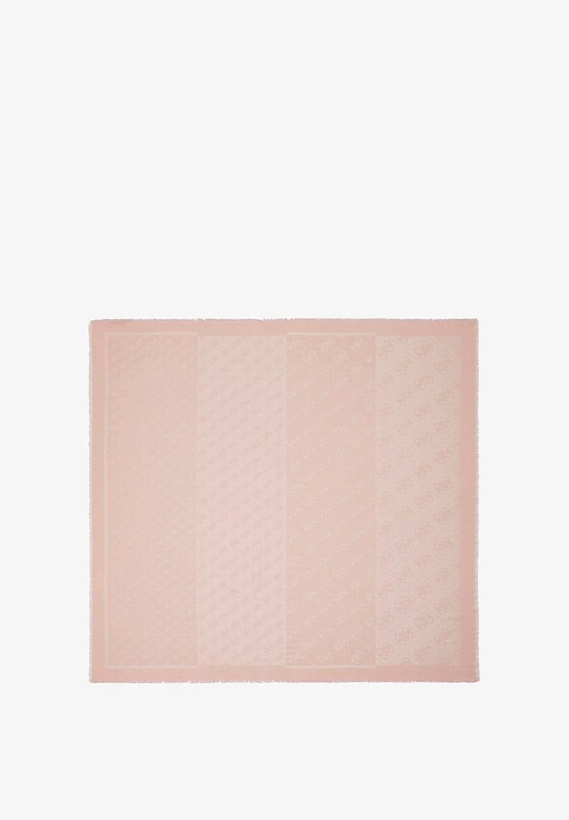 Écharpe rectangulaire rose clair avec des rayures verticales subtiles présentant des motifs délicats de monogrammes répétés et des bords légèrement effilochés.