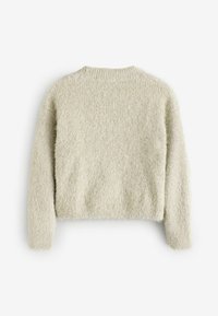 Jasnoszary, puszysty sweter z okrągłym dekoltem, długimi rękawami i teksturowanym wykończeniem. Tkanina wydaje się miękka i jest lekko oversize.